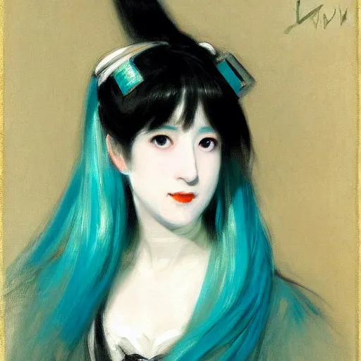 Prompt: painted portrait of miku hatsune, by john singer sargent