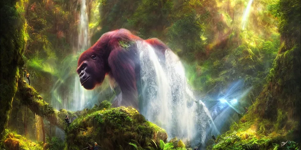 Prompt: gorilla in the forest, magical energies emanating from it, waterfall, god rays, wide angle, fantasy art, matte painting, sharp focus, vibrant colors, high contrast, illustration, art by justin gerard