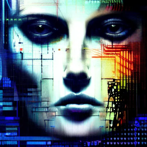 Prompt: hyperrealistic portrait of a cyberpunk woman, digital ui, by Guy Denning, Johannes Itten, Russ Mills, glitch art, hacking effects, glitch effects, digitial tech effects, cybernetics, chromatic, color blocking!, oil on canvas, concept art, abstract