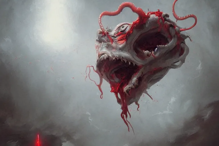 Image similar to painting by greg rutkowski of a flying crying human head and face that is chalk white in color, with tentacles coming of the neck, fiery red eyes, flying in a terrying hell like cavernous place