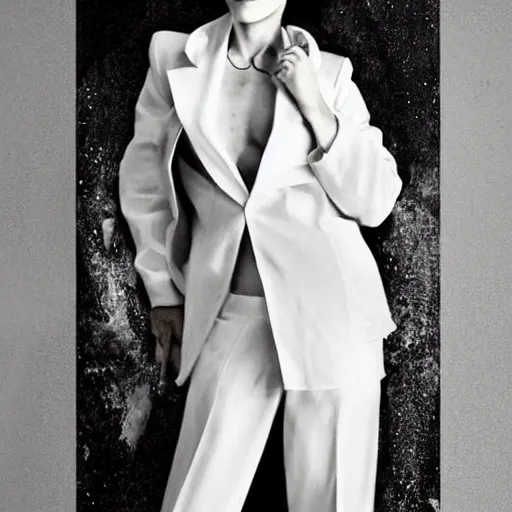 Image similar to stunning portrait of androgynous ruby rose as desire from sandman in a white tuxedo!!!, rockabilly style, by frank moth, by alphonse mucha, by jeremy mann, by peter lindbergh, dave mckean, white suit and black tie, soft lightning, high detailed, 8 k