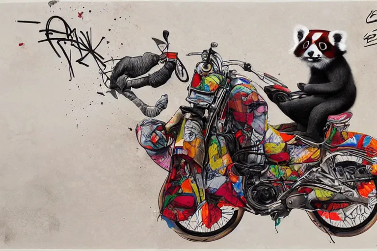 Image similar to a graffiti illustration by stom 5 0 0 and etam cru, of red pandas riding an elephant motorbike