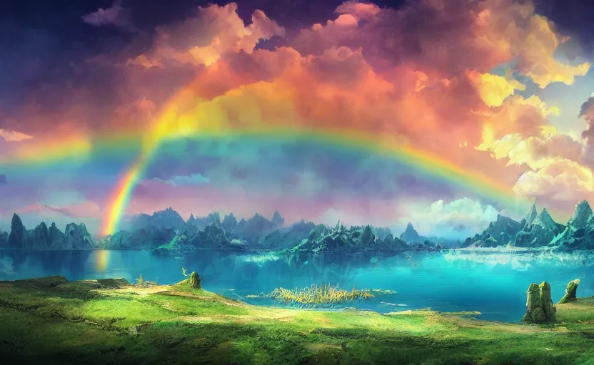 Image similar to a beautiful art of lake in foregraund and rainbow colored sky on background by Miyazaki Nausicaa Ghibli, 8K, hyper detailed, 20K, realistic, product lighting, by onesal, by sixnfive , behance 3d , studio photography DSLR, Photoreal epic composition