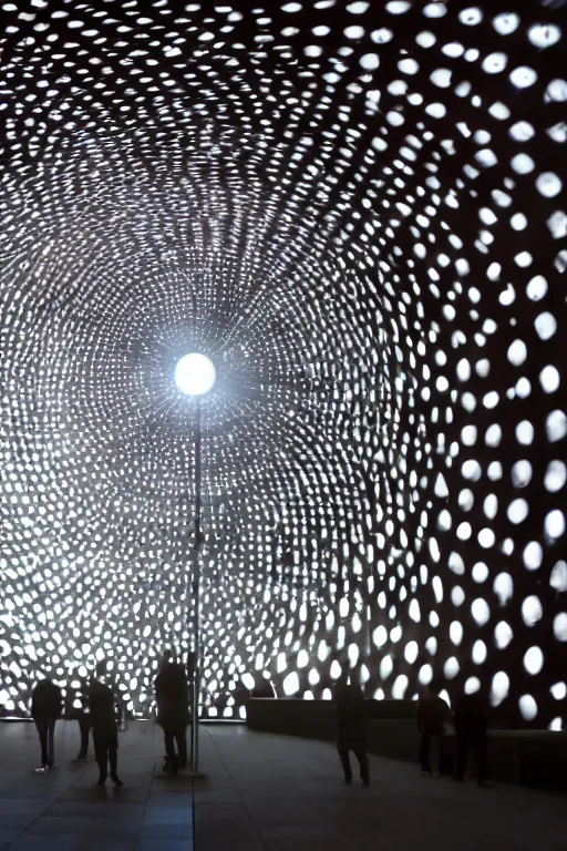 Image similar to public art installation about space and time. projected on big suspended sphere inside big and dark venue