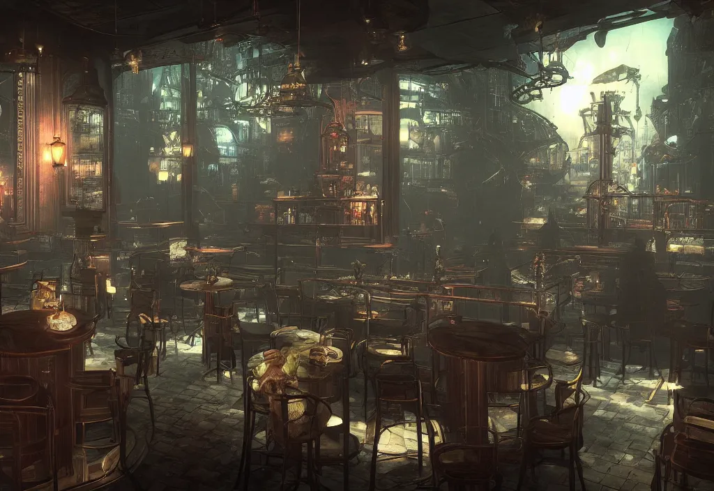 Image similar to In the world of rapture from the world of bioshock you are in a bar, there is a window that lets you see the whole city underwater and you are drinking a rum and coke, there are masks on the tables, there is a band playing in the corner