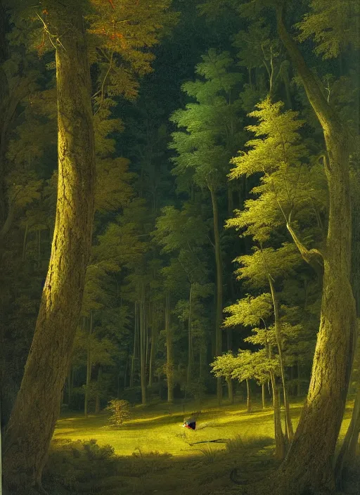 Image similar to a meadow clearing with extremely thin tall trees, spirit of the forest dwells, magically dense, calm serene atmosphere, by asher brown durand, by yoshitaka amano