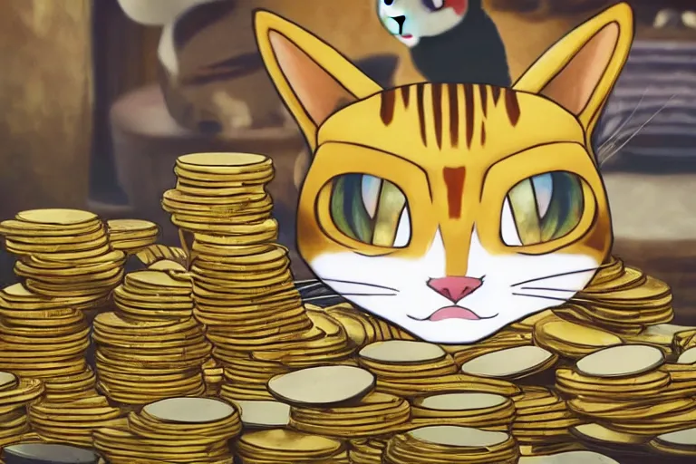 Image similar to meowth, cat pokemon, surrounded by gold coins, photorealism, cinematography