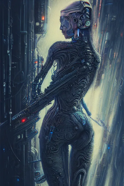 Prompt: a highly detailed long shot photo of cyberpunk female character by ayami kojima, elf, beksinski, giger, elf, rifle, intricate, digital painting, artstation, concept art, smooth, sharp focus, full body