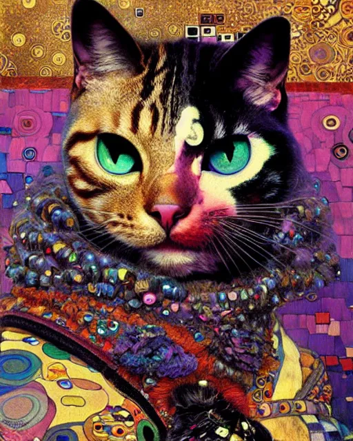 Image similar to punk cat portrait an oil painting splashes with many colors and shapes by gustav klimt greg rutkowski and alphonse mucha, polycount, generative art, psychedelic, fractalism, glitch art