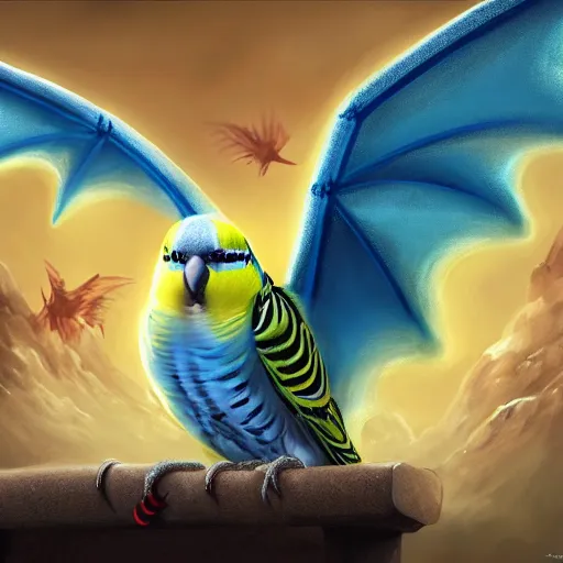 Image similar to an oil painting of a budgie with dragon wings, hd, hdr, ue 5, ue 6, unreal engine 5, cinematic 4 k wallpaper, 8 k, ultra detailed, high resolution, artstation, award winning