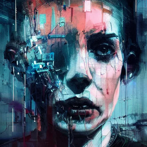 Image similar to a cyberpunk noir detective, skulls, wires cybernetic implants, machine noir grimcore in cyberspace photoreal, atmospheric by jeremy mann francis bacon and agnes cecile, ink drips paint smears digital glitches