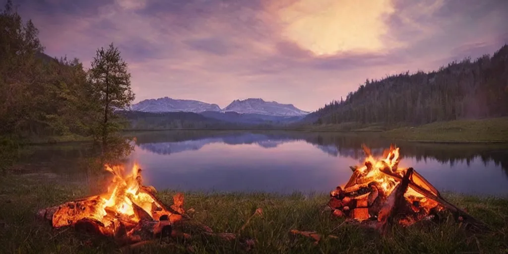 Image similar to a beautiful!!!!!!!! solitary campfire with a beautiful!!! lake in the background, no people, lonely landscape, trending on artstation, extremely high detail!!, highly detailed!!
