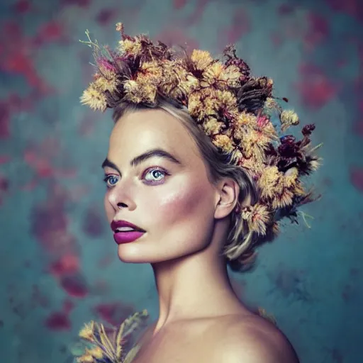 Image similar to fine art photo of the beauty goddess margot robbie, she has a crown of dried flowers, by oleg oprisco