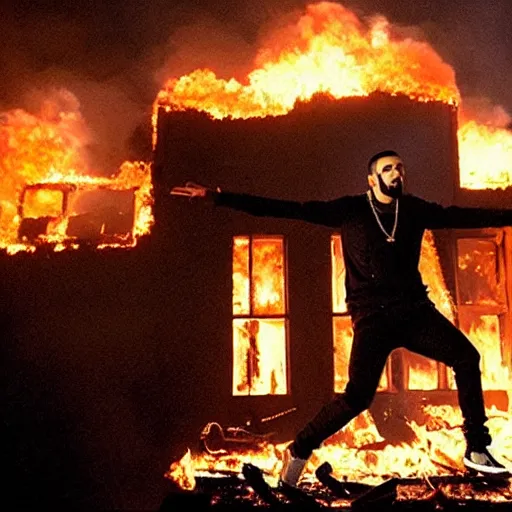 Image similar to drake performing in a burning building, realistic