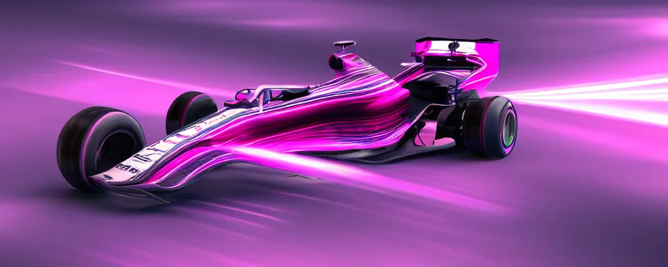 Image similar to abstract illustration of a formula one car, synthwave, purple and pink, motion blur, light streaks, octane render, depth of field