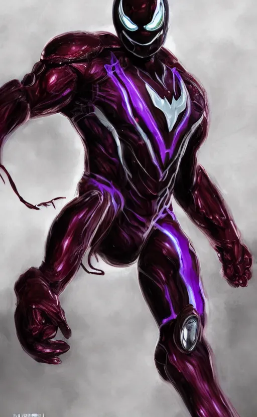 Image similar to venom in a venom inspired ironman suit, purple, black and red, dynamic lighting, photorealistic fantasy concept art, trending on art station, stunning visuals, terrifying, creative, cinematic