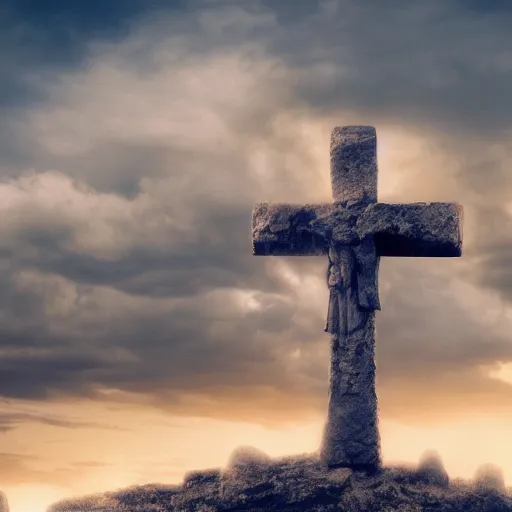 Image similar to cinematic still of three crosses on calvary hill, miraculous cloudy backdrop, Biblical epic movie directed by Peter Jackson, wallpaper, hd