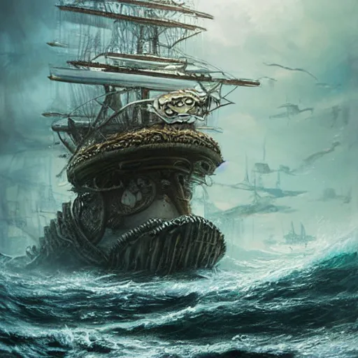 Image similar to a kraken rises from the ocean swallowing a pirate ship by raymond swanland, highly detailed