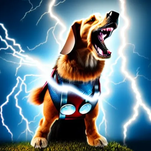 Image similar to a canine thor holding hammer with its paw, dramatic lightning background
