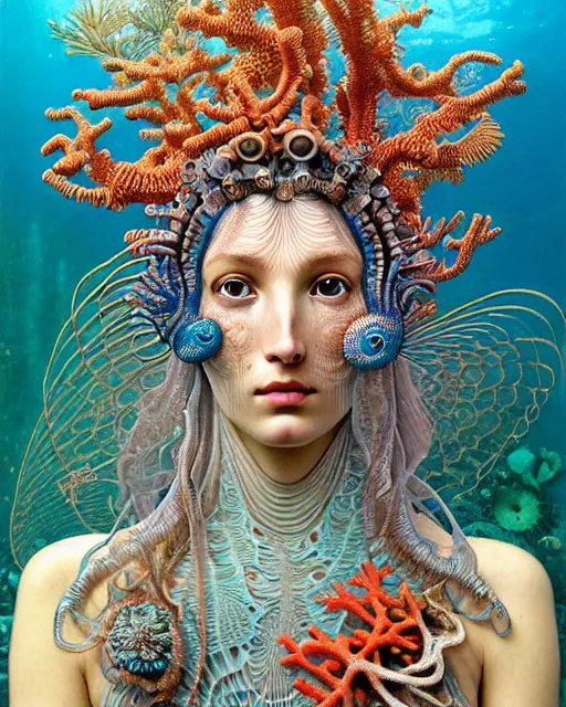 Image similar to hyperrealistic detailed underwater face portrait of the beautiful goddess of the fish skeletons with an intricate headgear of corals, sea kelp, sea plants, fish, starfish, jellyfish, art by ernst haeckel, john william godward, android jones, alphonso mucha, h. r. giger, gothic - cyberpunk, ornamental, beautiful deep colours,