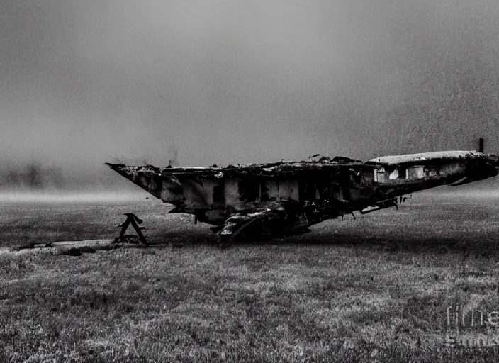 Image similar to black and white photograph of a crashed abandoned military jet in kansas city, rainy and foggy, soft focus