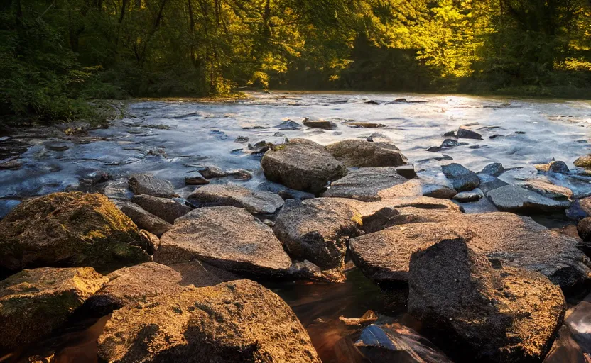 Image similar to a render of floating shining shards in a river in the forest as the sun rises, wide angle, 21:9,