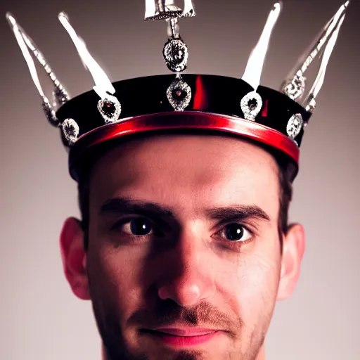 Image similar to man with a crown, smirk, photograph, black backgrounds, glowing red eyes