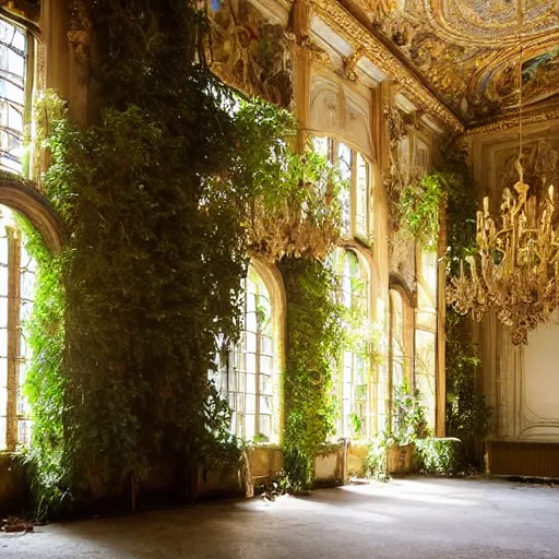 Image similar to a dream about inside opulent, ornate, abandoned overgrown Palace of Versailles, lush plants growing through the floors and walls, walls are covered with vines, beautiful, dusty, golden volumetric light shines through giant broken windows, golden rays fill the space with warmth, rich with epic details and dreamy atmosphere
