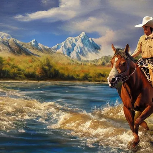 Prompt: hyper realistic painting in realism style of a cowboy on a horse crossing a river with mountains in the background