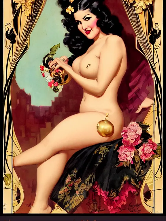 Image similar to sunny leone, a beautiful art nouveau portrait by Gil elvgren and Jim mahfood, 1920s city environment, centered composition, defined features, golden ratio, gold jewlery, photorealistic professional lighting, cinematic