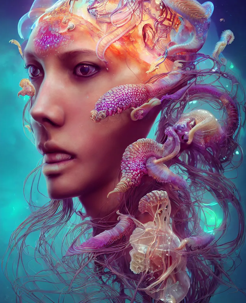 Image similar to goddess princess beautiful woman face close-up portrait ram skull. jellyfish phoenix head, nautilus, orchid, skull, betta fish, bioluminiscent creatures, intricate artwork by Tooth Wu and wlop and beeple. octane render, trending on artstation, greg rutkowski very coherent symmetrical artwork. cinematic, hyper realism, high detail, octane render, 8k