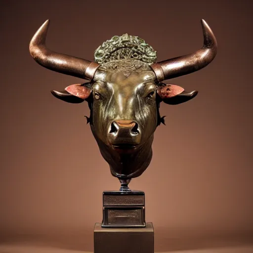 Prompt: professional color photograph of a patinated bronze bust of an angry water buffalo, Troigne view supported by a bronze plinth, by FREDERIC REMINGTON