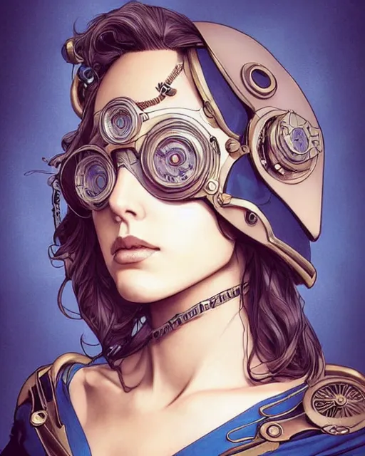 Prompt: in the style of joshua middleton, artgerm, beautiful gal gadot, steampunk, full body, blue dress, elegant pose, middle shot, spooky, symmetrical face, symmetrical eyes, detailed realisitc eyes, detailed realistic eyes, detailed and intricate