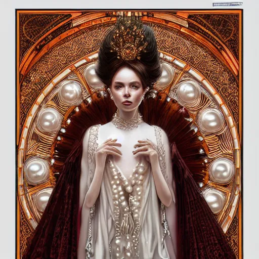 Prompt: a realistic symmetrical queen with a decorated dress made of white pearls , highly detailed, digital painting, Trending on artstation , HD quality, by artgerm and greg rutkowski and alphonse mucha, dramatic light, octane