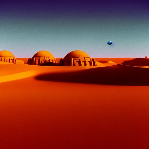 Image similar to colour aesthetic highly detailed photography scene on tatooine from dune ( 2 0 2 1 ) by alejandro hodorovski and denis villeneuve and gregory crewdson style with ultra hyperrealistic very highly detailed faces. with many details by andrei tarkovsky and caravaggio in sci - fi style. volumetric natural light hyperrealism photo on leica m - a kodak portra 4 0 0