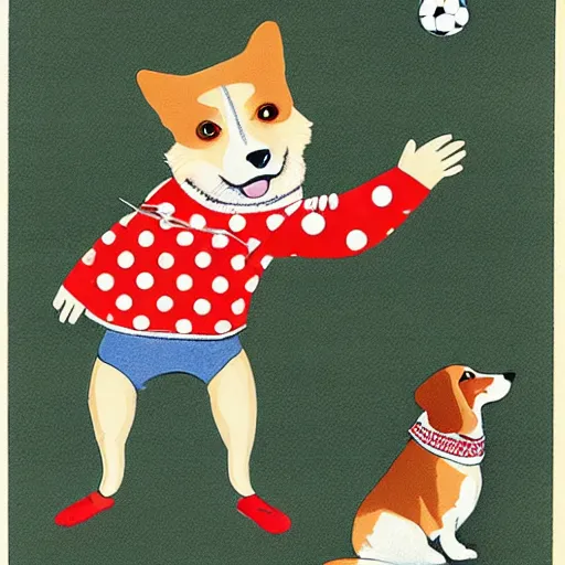 Image similar to book illustration of a french boy on the streets of paris playing football against a corgi, the dog is wearing a polka dot scarf, 1 9 6 6