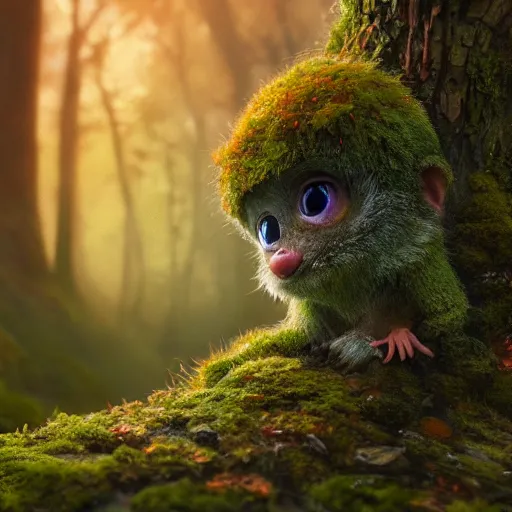 Image similar to a highly detailed digital painting of a tiny cute mossy forest creature by bobby chiu, trending on artstation, octane render, 4 k, unreal 5, big amber eyes, smiling, at sunset, macro photography, goro fujita