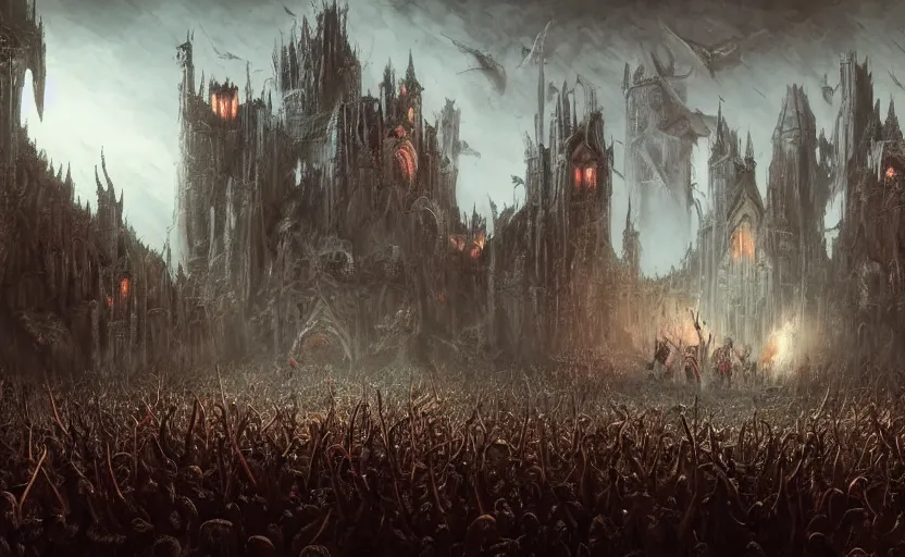 Image similar to a dark metal band performing in a castle with a battle mosh pit of werewolves and vampires, moebius, greg rutkowski, zabrocki, karlkka, jayison devadas, phuoc quan, trending on artstation, 8 k, ultra wide angle, video game graphics, realistic art, zenith view, cyberpunk pincushion lens effect