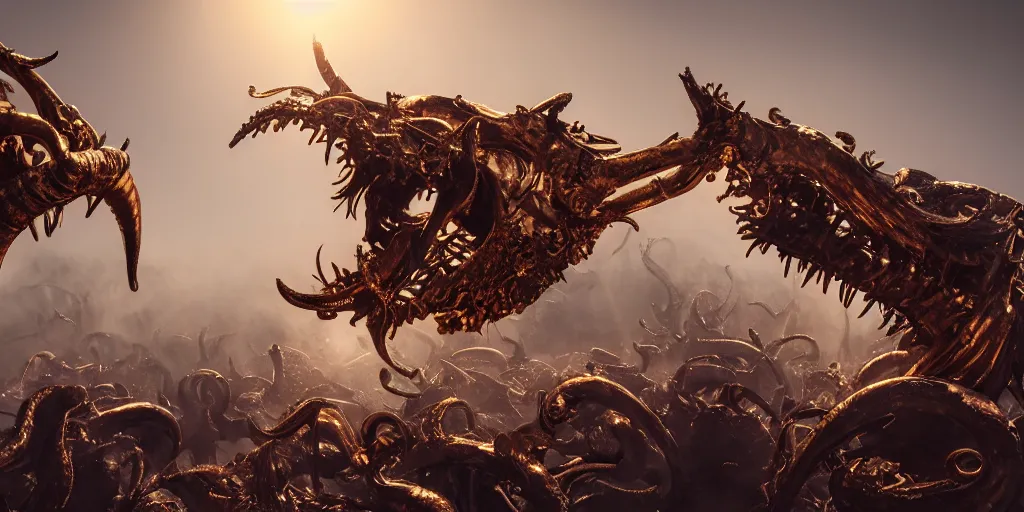 Image similar to ribs and spines and teeth, gold ram horns, copper goat skulls, grand imposing powerful sculpture. swirls of mist. sunrise, intense light beams, lens flare. occult photorealism, uhd, amazing depth, volumetric lighting, cinematic lighting. epic landscape.