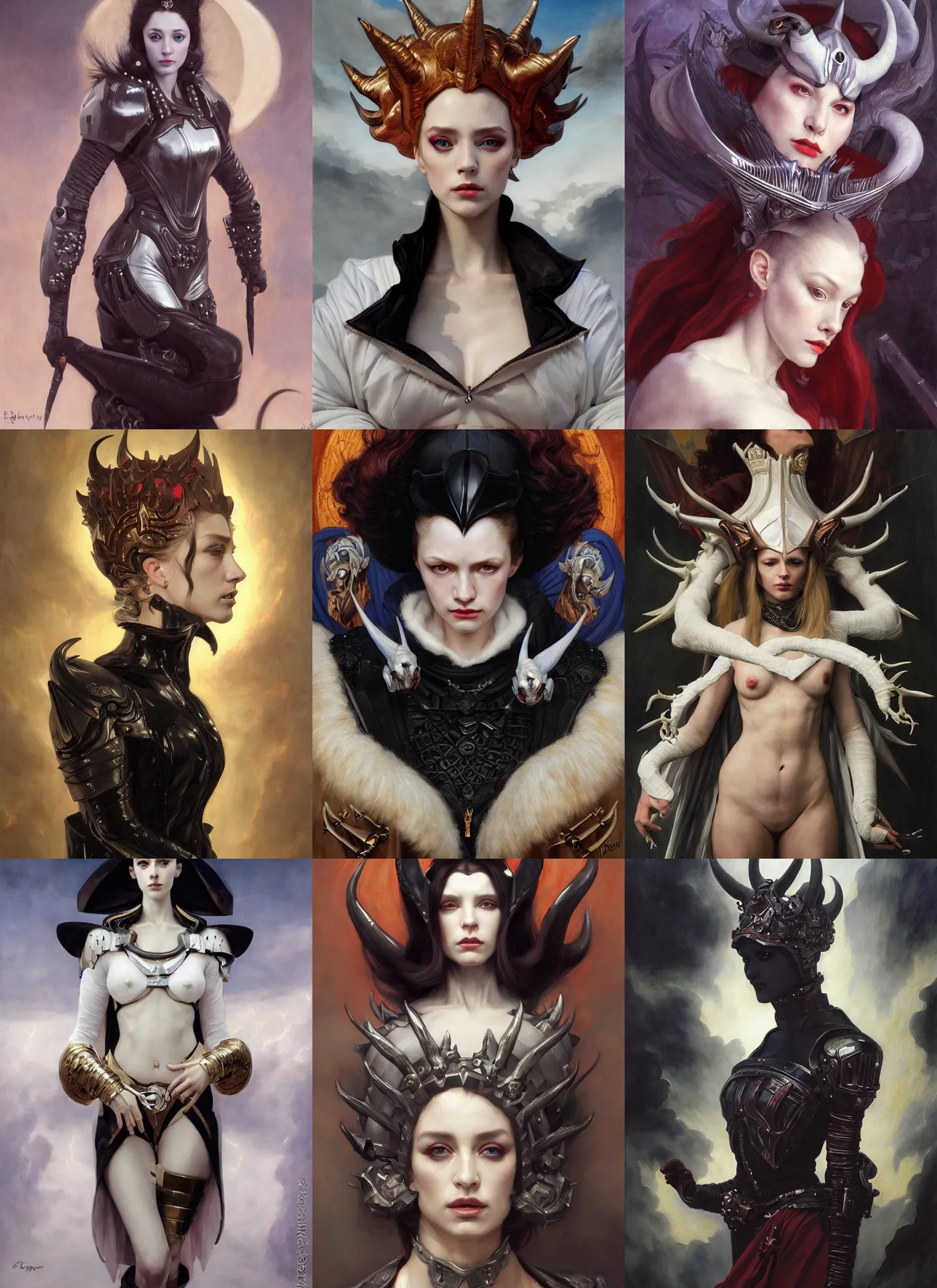 Prompt: queen demon half human, elegant, wearing a bomber jacket, armor, hyper realistic, white horns, extremely detailed, dnd character art portrait, fantasy art,, dramatic lighting, vivid colors, artstation, by edgar maxence and caravaggio and michael whelan and delacroix, lois van baarle and bouguereau
