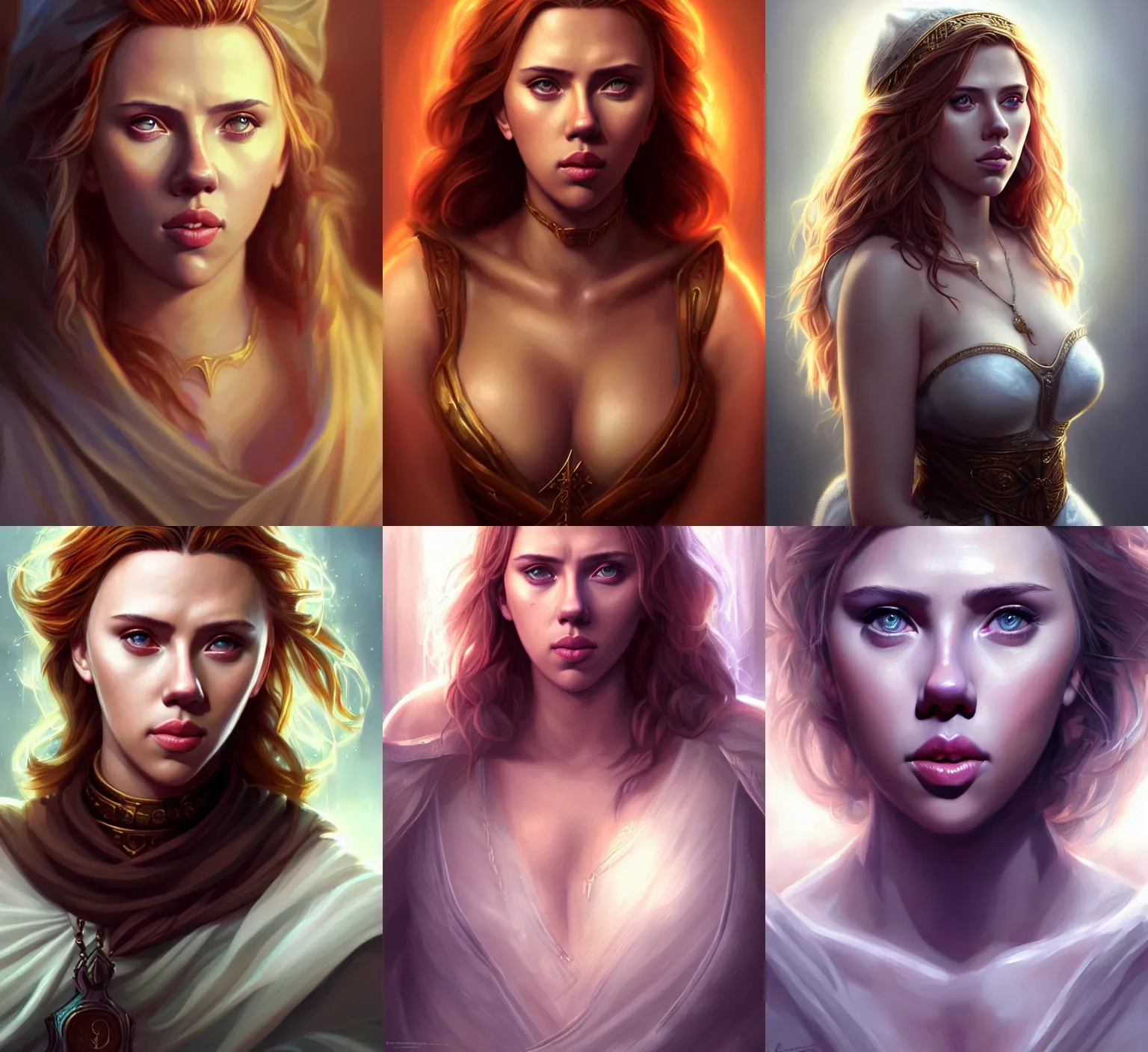 Prompt: portrait of a young beautiful priestess, scarlett johansson, upper body, attractive body, D&D, fantasy, intricate, cinematic lighting, highly detailed, digital painting, artstation, concept art, smooth, sharp focus, illustration, art by Artgerm