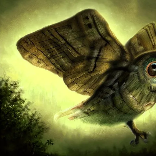 Prompt: moth owl hybrid chimera creature, flying between trees, high quality digital art, dreamy atmosphere, dramatic lighting