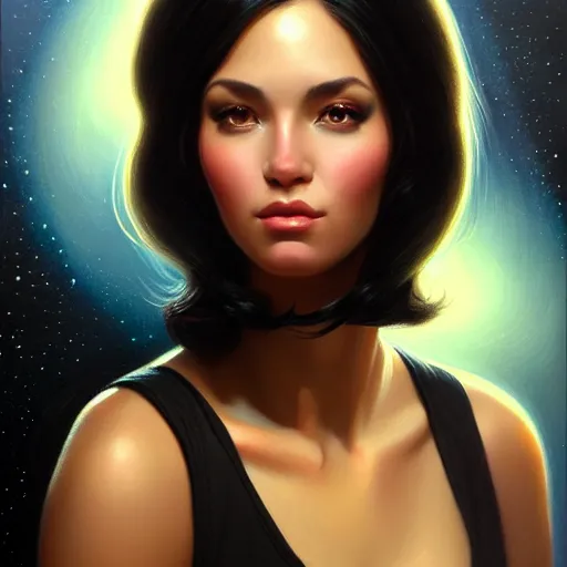 Image similar to a portrait of a very beautiful woman in a spacesuit, Alexandria\'s genesis, shoulder-length black hair, bored, illustration, soft lighting, soft details, painting oil on canvas by mark arian by artgerm, trending on artstation, 4k, 8k, HD