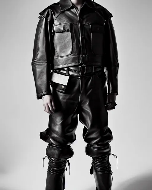 Image similar to an award - winning editorial photo of an irradecent extremely baggy cropped short ancient medieval designer menswear leather police jacket with an oversized collar and baggy bootcut trousers designed by alexander mcqueen, 4 k, studio lighting, wide angle lens