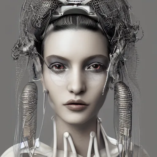 Image similar to closeup portrait of an absurdly beautiful, graceful, sophisticated, fashionable cyberpunk mechanoid gravure idol, an ultrafine hyperdetailed illustration by irakli nadar, matt wisniewski style, fashion photography, intricate linework, porcelain skin, jellyfish headdress, unreal engine 5 highly rendered, global illumination, radiant light, detailed and intricate environment