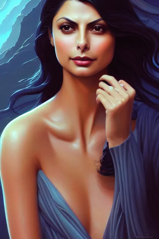 Image similar to a beautiful Morena Baccarin with long dark hair, marble statue, intricate, highly detailed, digital painting, artstation, official media, anime key visual, concept art, rich vivid colors, ambient lighting, sharp focus, illustration, art by Artgerm, Makoto Shinkai, Ilya Kuvshinov, Lois Van Baarle, and Rossdraws