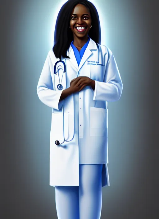 Image similar to full body portrait of young black woman with as a doctor, blue scrubs and white coat, intricate, beaming smile, angelic halo, highly detailed, digital painting, artstation, concept art, smooth, sharp focus, illustration, art by wlop, mars ravelo and greg rutkowski