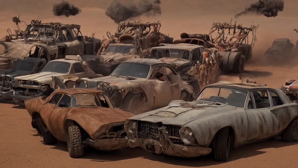 Prompt: mad max cars in a pixar movie with cartoon eyes