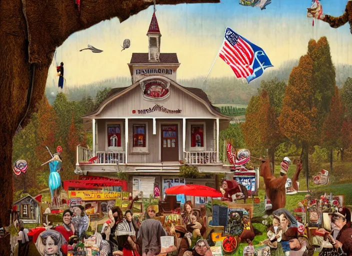 Prompt: americana tourism, lowbrow, matte painting, 3 - d highly detailed, in the style of mark ryden,