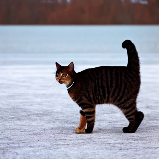Prompt: a cat standing on the middle of a frozen lake